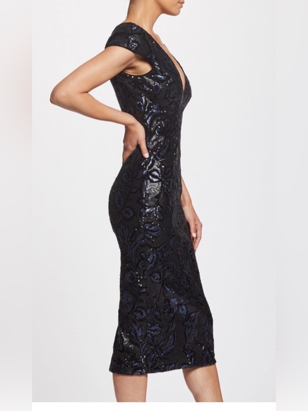Dress the Population Allison Sequin Midi Dress Black Blue Size Large EUC - Picture 4 of 17